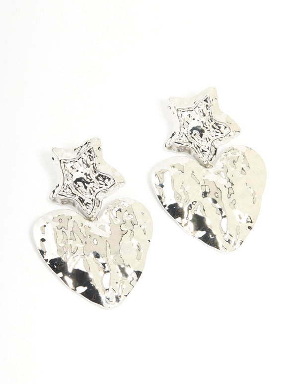 Silver Hammered Star & Heart Drop Earrings