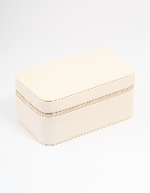 Cream PU Leather Rectangular Layered Jewellery Case
