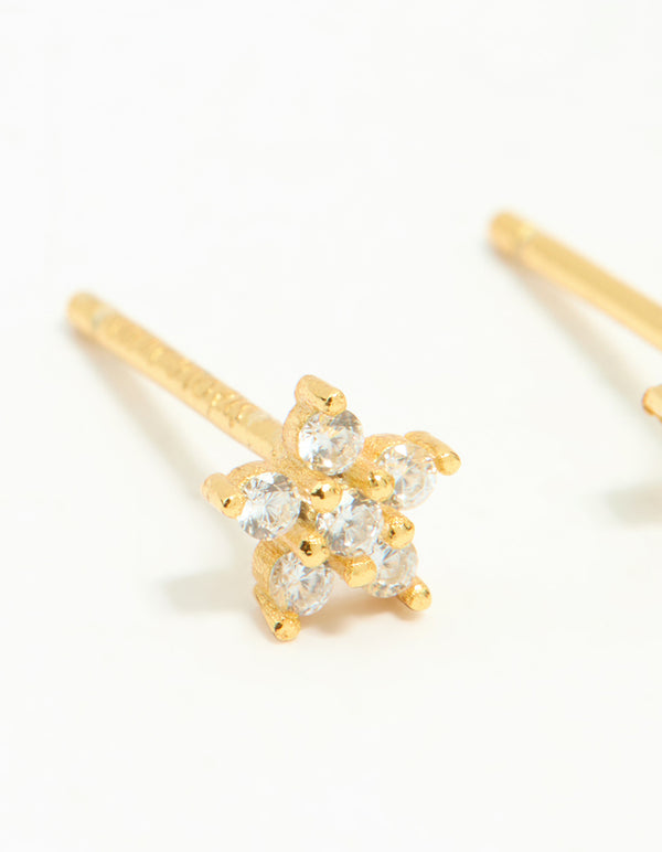 Gold Plated Sterling Silver Cubic Zirconia Flower Stud Earrings