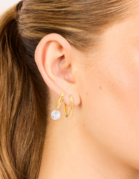 Waterproof Gold Plated Stainless Steel Cubic Zirconia Droplet & Sleek Hoop Earrings 2-Pack - link has visual effect only