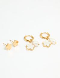 Waterproof Gold Plated Stainless Steel Freshwater Pearl Flower Earrings 2-Pack - link has visual effect only