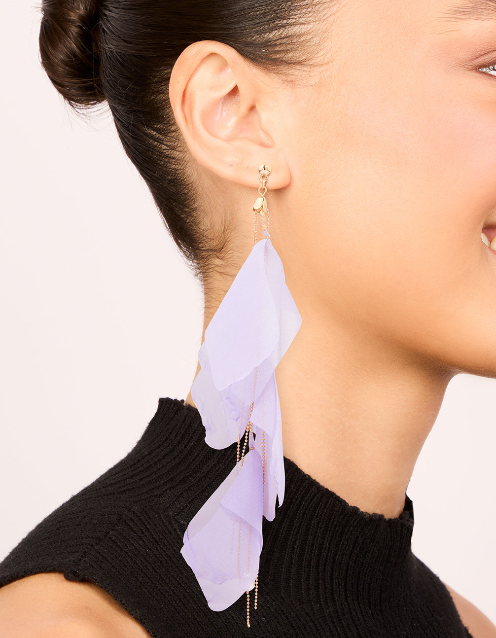 Gold Purple Fabric Petal Drop Earrings