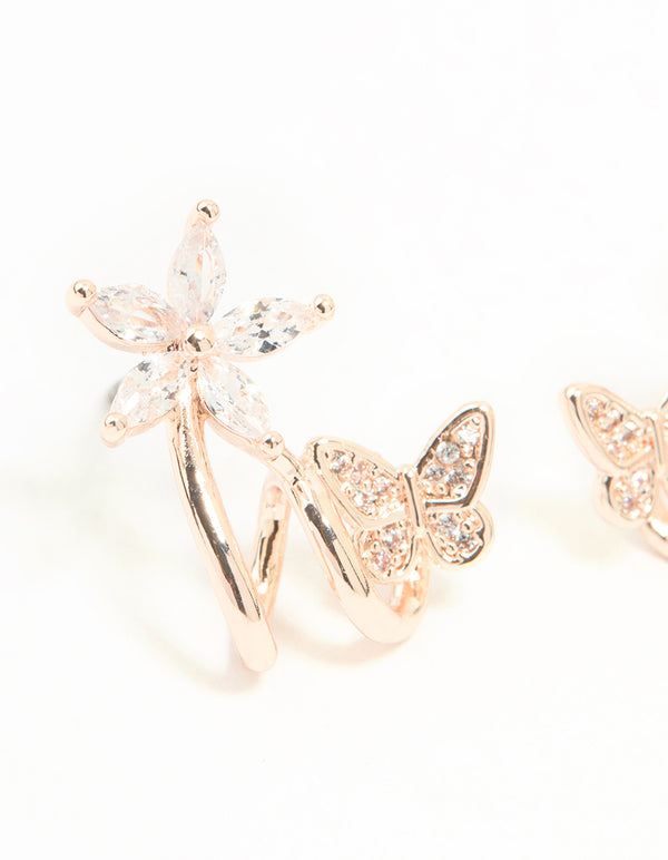 Rose Gold Plated Cubic Zirconia Flower Butterfly Ear Jacket Earrings