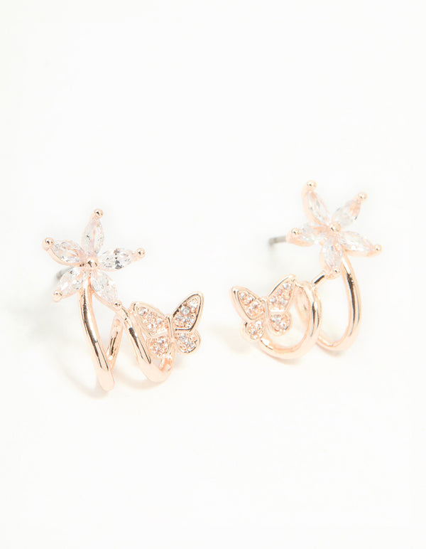Rose Gold Plated Cubic Zirconia Flower Butterfly Ear Jacket Earrings