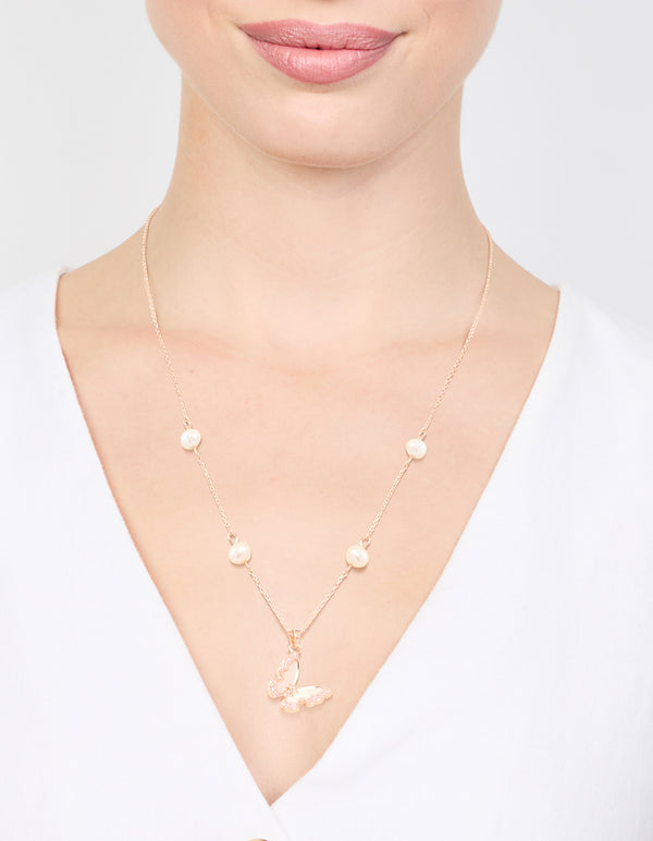 Rose Gold Plated Cubic Zirconia Pearl Butterfly Necklace