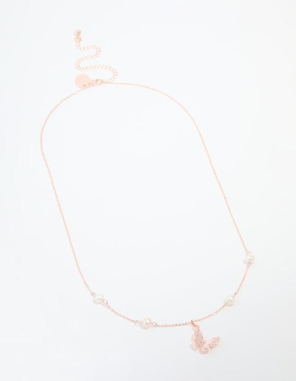 Rose Gold Plated Cubic Zirconia Pearl Butterfly Necklace