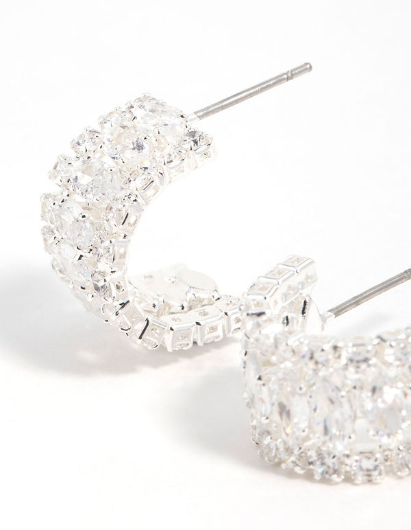 Silver Plated Cubic Zirconia Marquise Center Strap Hoop Earrings