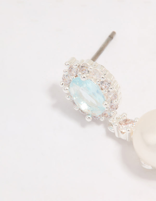 Silver Plated Blue Cubic Zirconia Freshwater Pearl Halo Drop Earrings