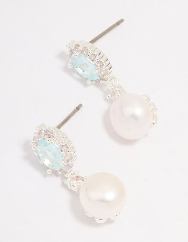 Silver Plated Blue Cubic Zirconia Freshwater Pearl Halo Drop Earrings