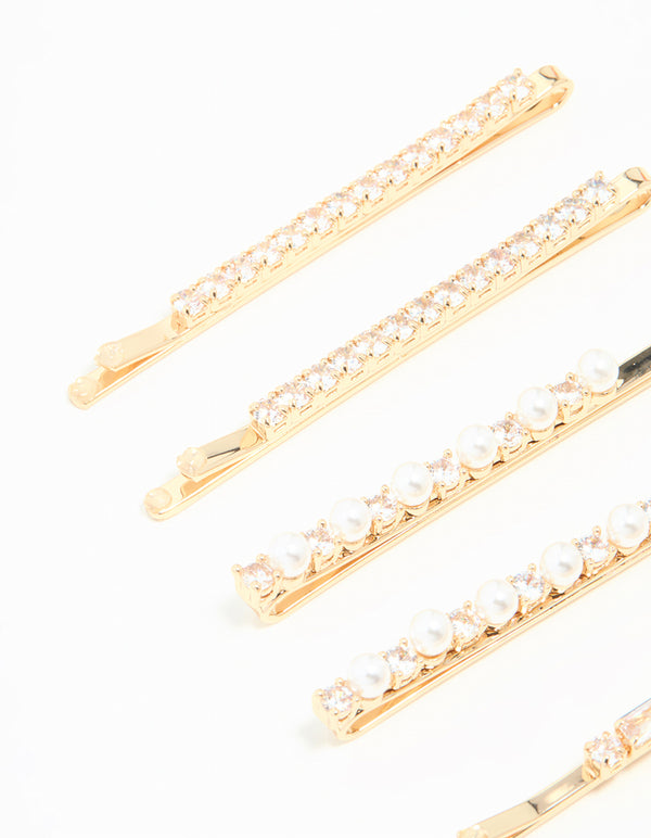 Gold Cubic Zirconia & Pearl Hair Clips 6-Pack