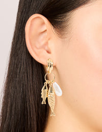 Gold Pearl Fish Charm Hoop Earrings - link has visual effect only