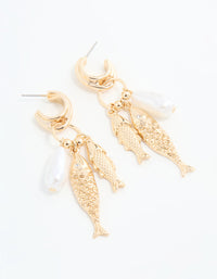 Gold Pearl Fish Charm Hoop Earrings - link has visual effect only
