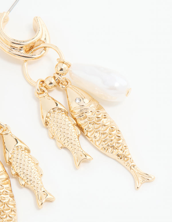 Gold Pearl Fish Charm Hoop Earrings