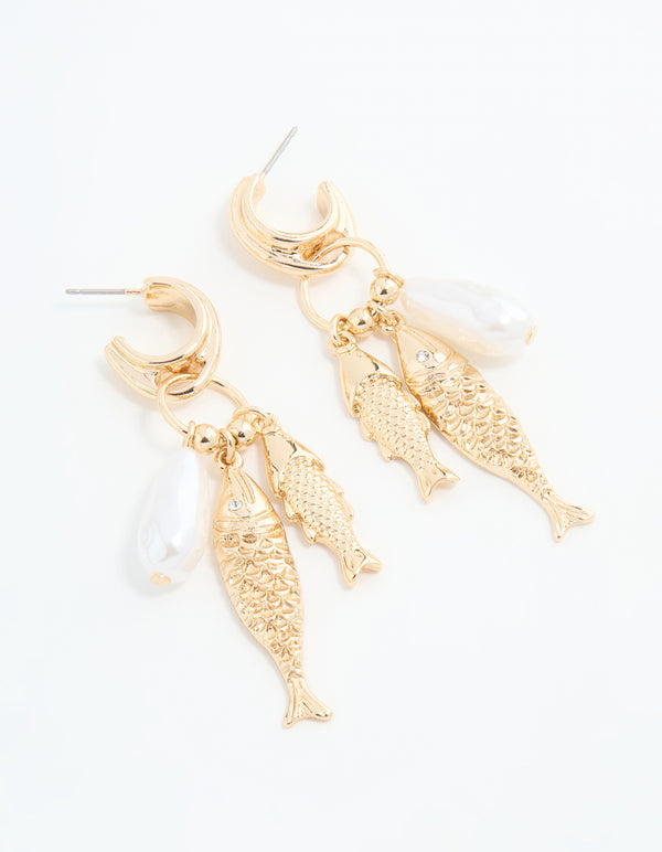 Gold Pearl Fish Charm Hoop Earrings