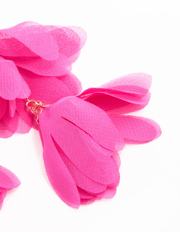 Gold Pink Fabric Layered Flower Hook Earrings