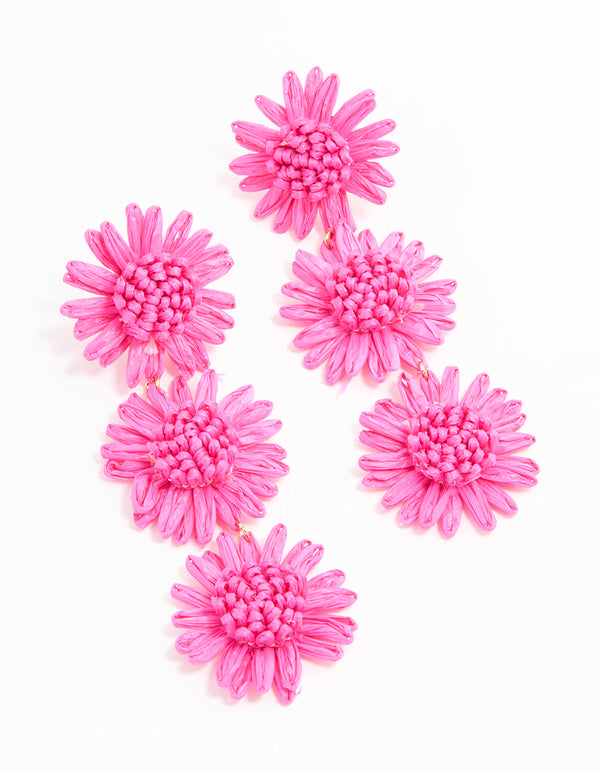 Gold Pink Paper Triple Flower Drop Earrings