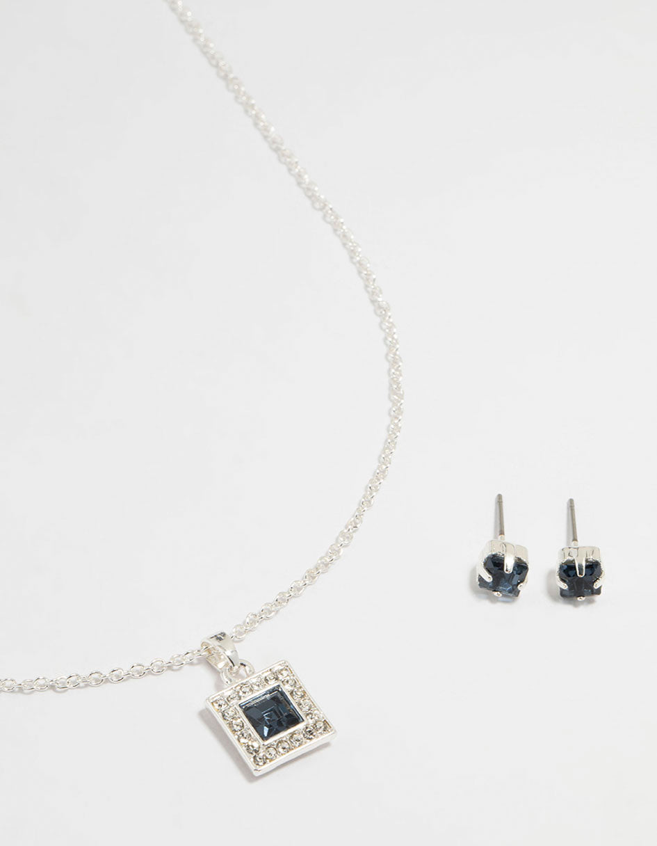 Silver Square Diamante Necklace & Earrings Set