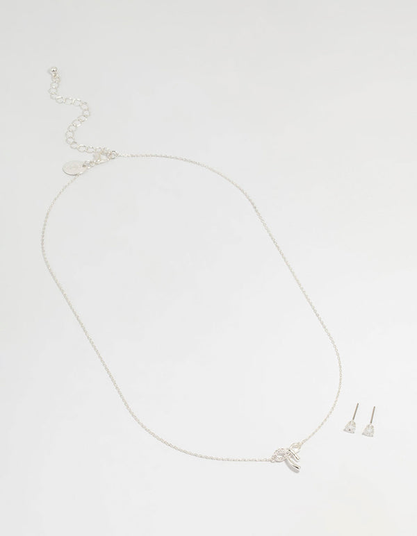 Silver Cubic Zirconia Bow Necklace & Earrings Set
