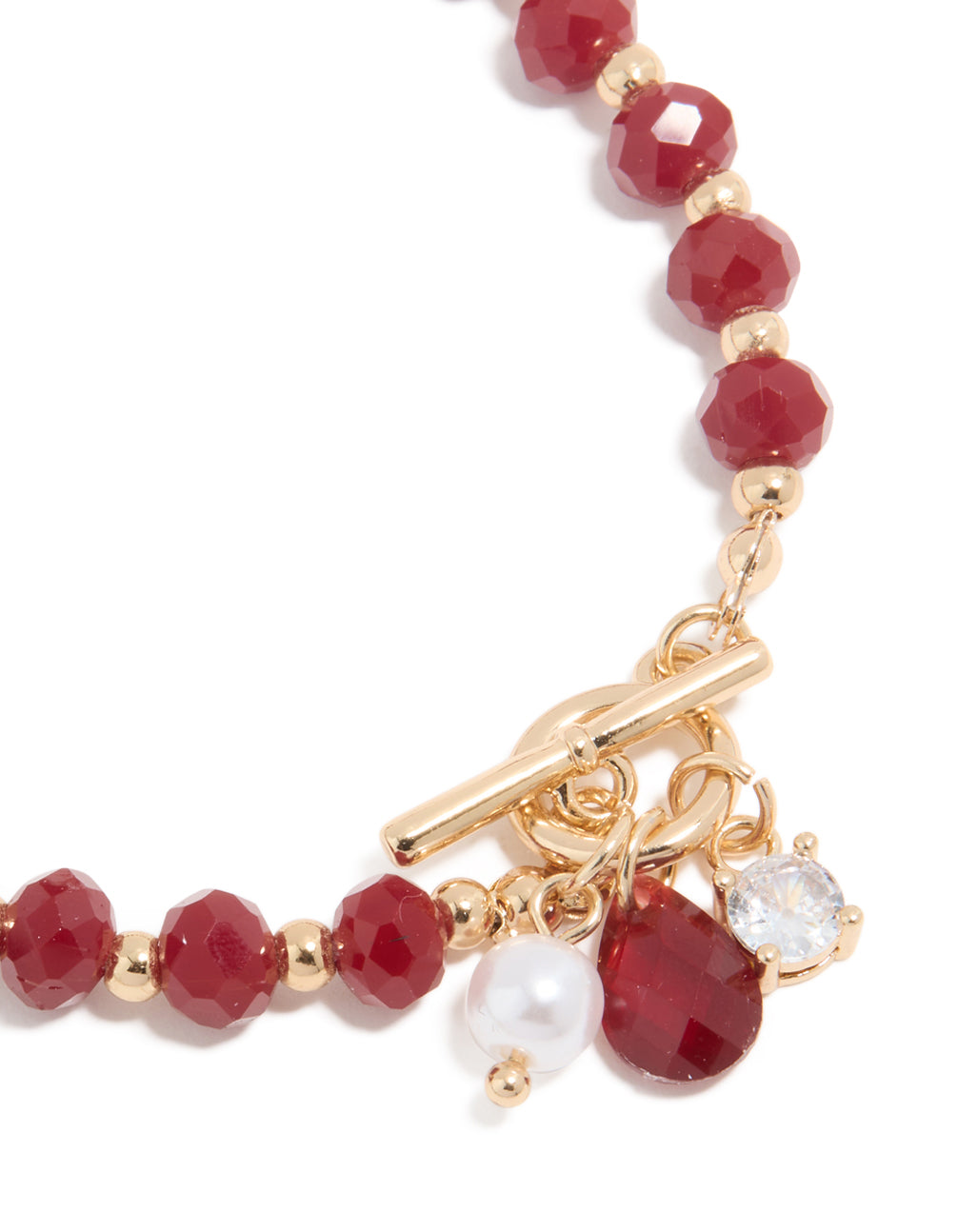 Gold Pearl & Pink Diamante Charm Bracelet