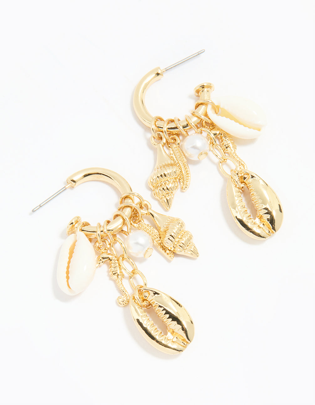 Gold Pearl & Shell Charm Drop Earrings