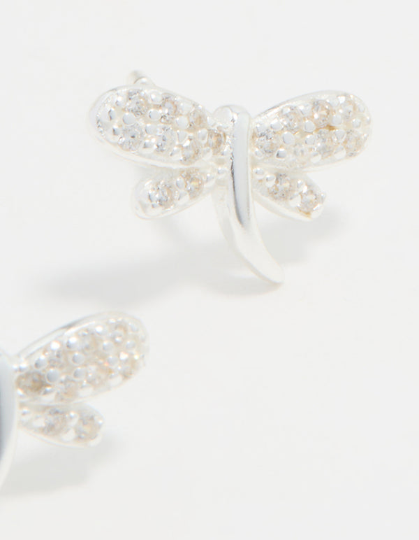 Sterling Silver Cubic Zirconia Dragonfly Stud Earrings