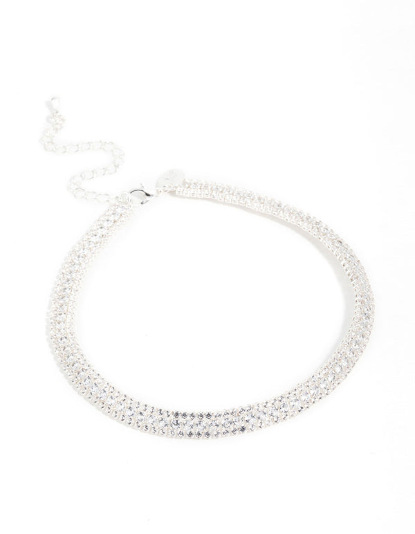 Silver Cubic Zirconia Thick Cupchain Choker Necklace