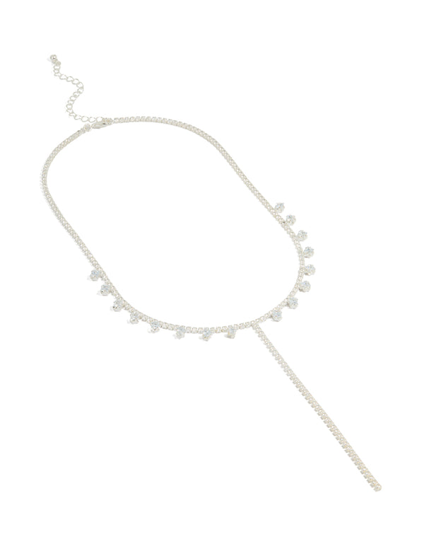 Silver Cubic Zirconia Square Drop Y-Necklace