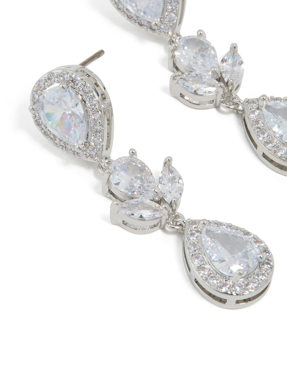 Silver Cubic Zirconia Double Halo Drop Earrings