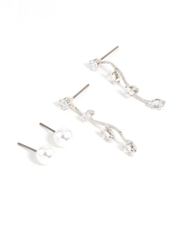 Silver Pearl & Cubic Zirconia Vine Drop Earrings 2-Pack