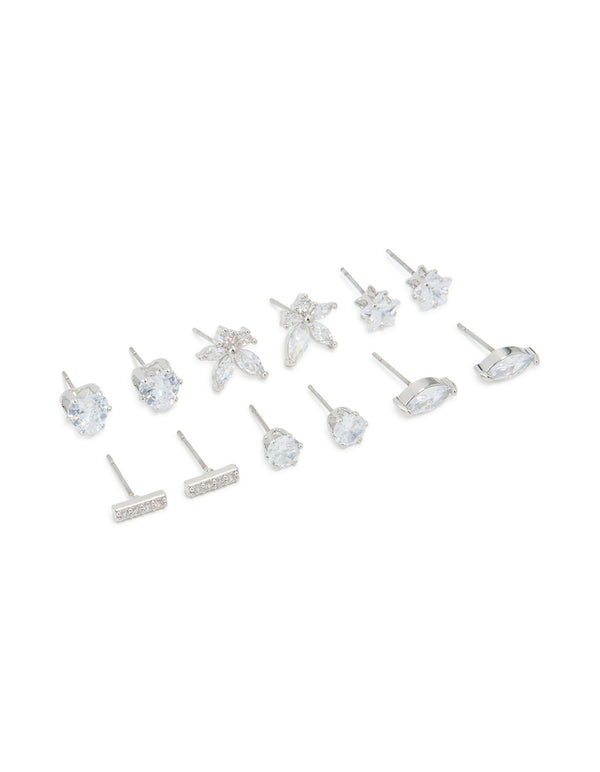 Silver Cubic Zirconia Heart & Flower Stud Earrings 6-Pack