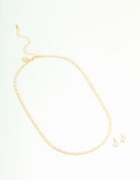 Gold Cubic Zirconia Pearl Tennis Necklace & Earrings Set - link has visual effect only