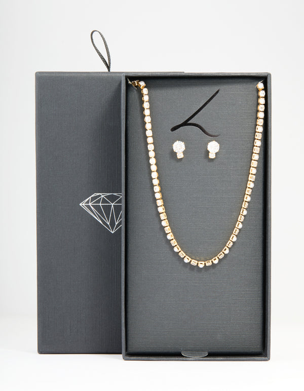 Gold Cubic Zirconia Pearl Tennis Necklace & Earrings Set