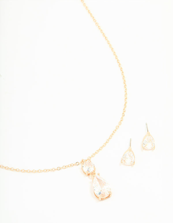Gold Cubic Zirconia Classic Teardrop Earrings & Necklace Set