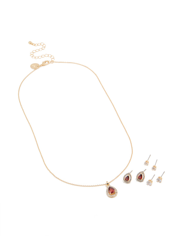 Gold Red Cubic Zirconia Halo Necklace & Earrings Set
