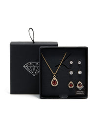 Gold Red Cubic Zirconia Halo Necklace & Earrings Set - link has visual effect only