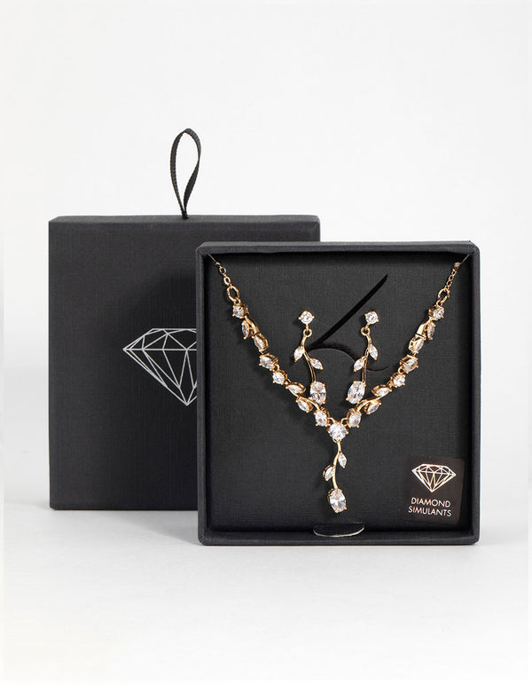 Gold Cubic Zirconia Flower Vine Necklace & Drop Earrings Set