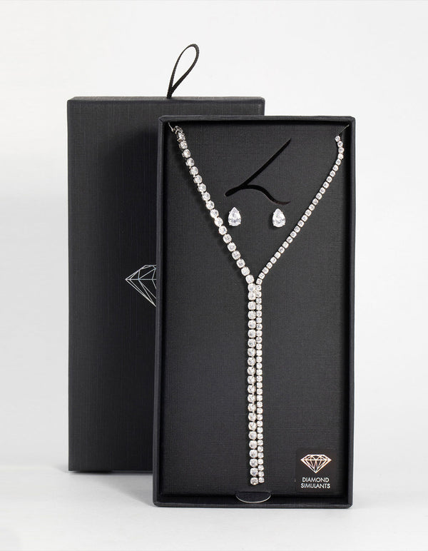 Silver Cubic Zirconia Chain Y-Necklace & Earrings Set
