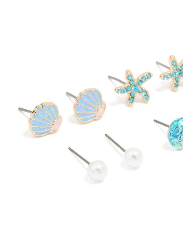 Kids Glitter Gold Sea & Starfish Stud Earrings 6-Pack