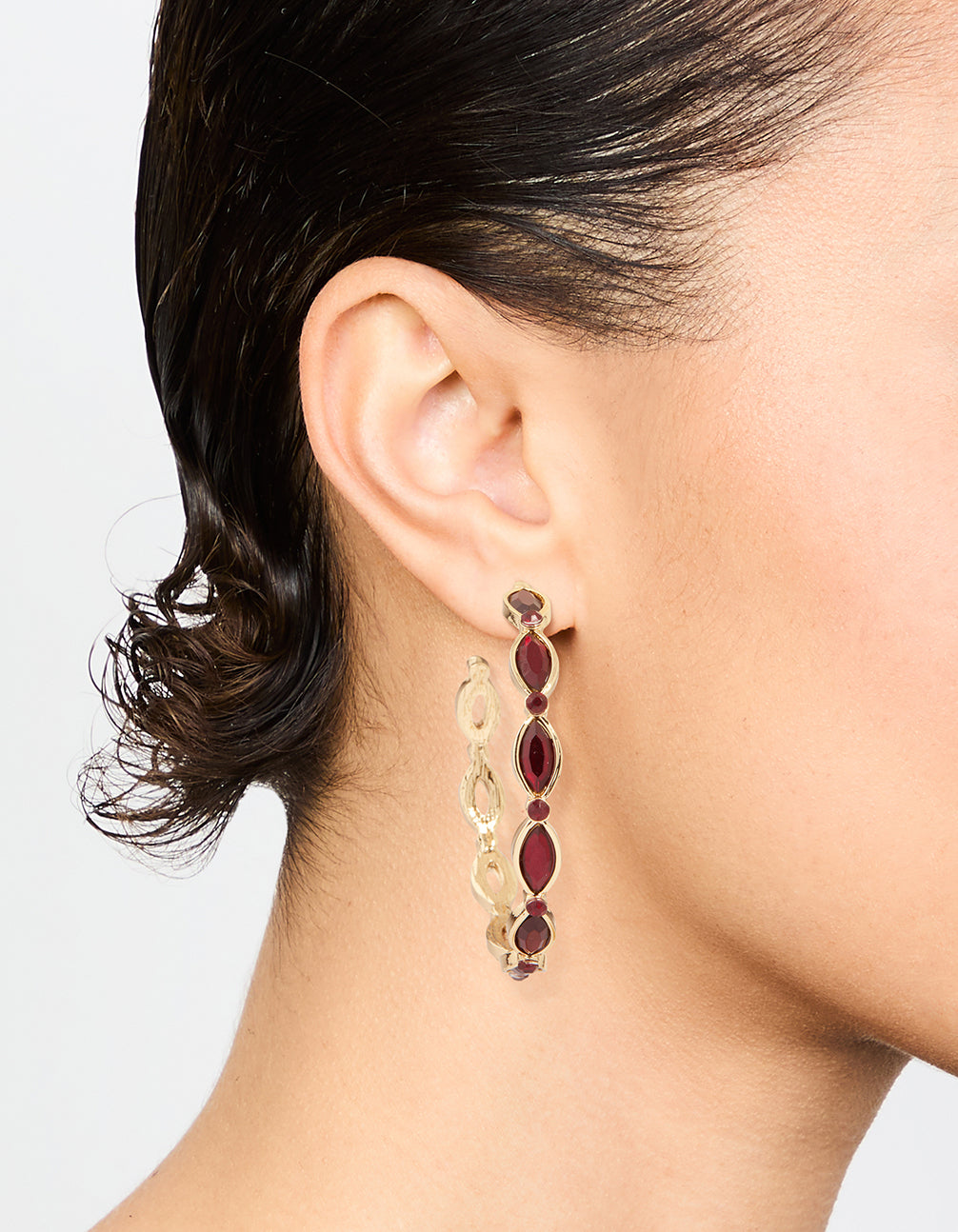 Gold Red Stone Marquise Hoop Earrings