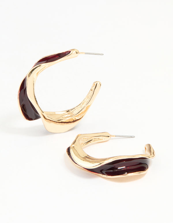 Gold Red Enamel Organic Hoop Earrings