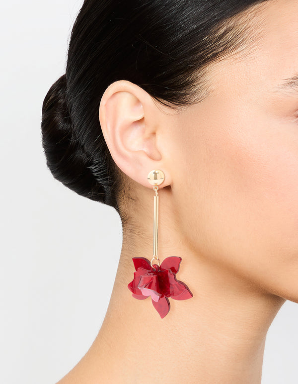 Gold Red Acrylic Orchid & Chain Drop Earrings