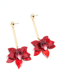 Gold Red Acrylic Orchid & Chain Drop Earrings - link has visual effect only