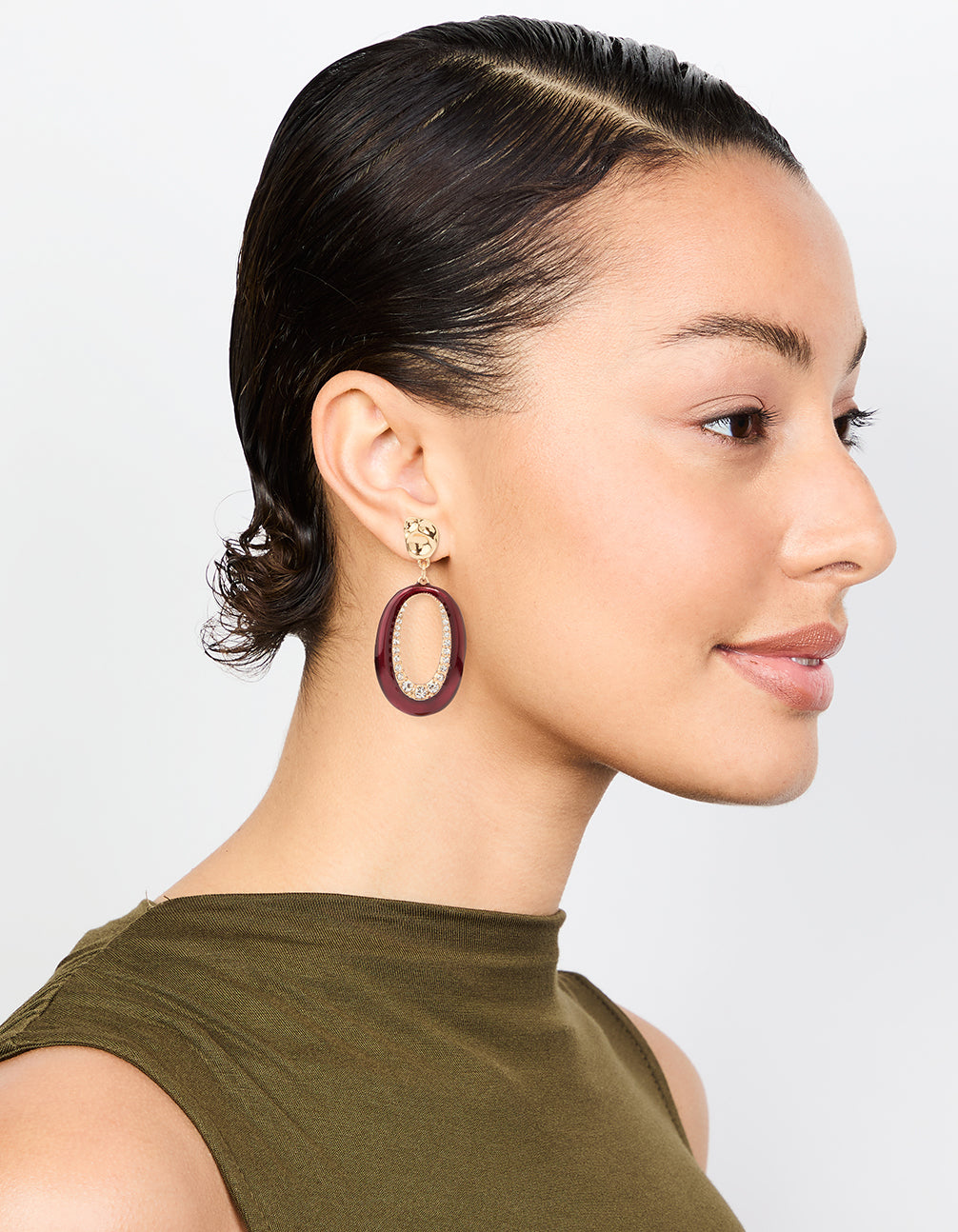 Gold Red Enamel & Diamante Open Drop Earrings