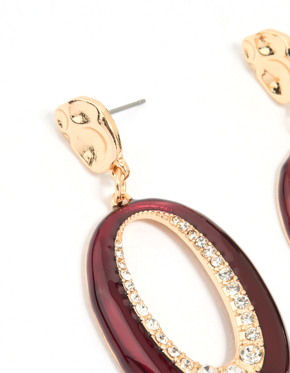 Gold Red Enamel & Diamante Open Drop Earrings