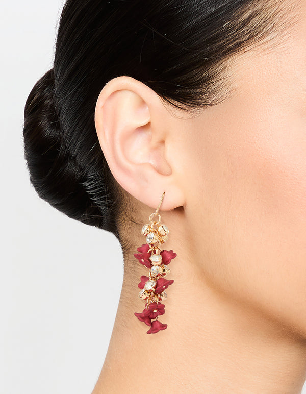 Gold Red Flowers Chain Drop Earrings