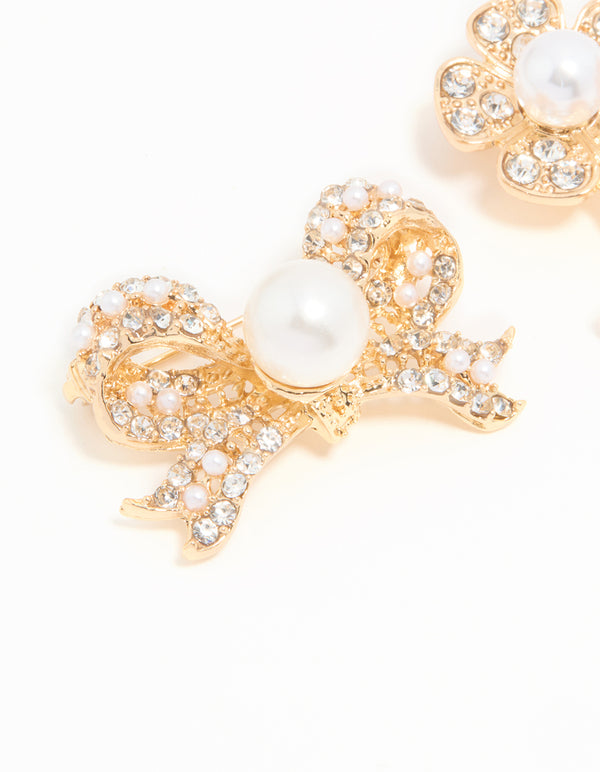 Gold Pearl Bow & Flower Brooches 3-Pack