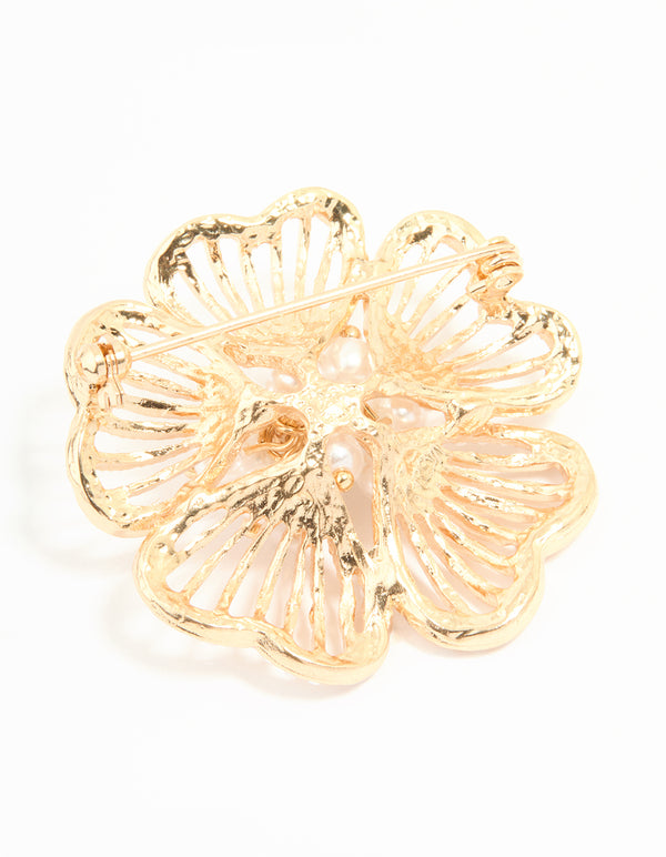 Gold Pearl Flower Brooch
