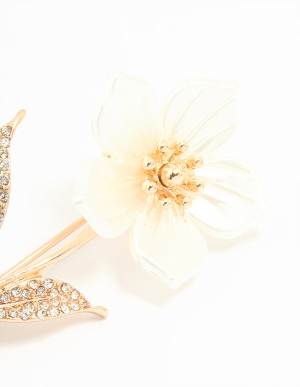 Gold Beaded Centre & Diamante Flower Brooch