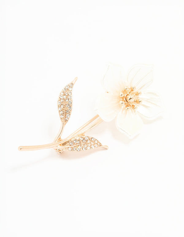Gold Beaded Centre & Diamante Flower Brooch
