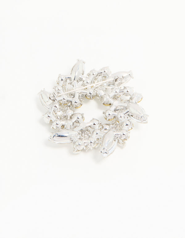 Silver Diamante Leaf Round Brooch
